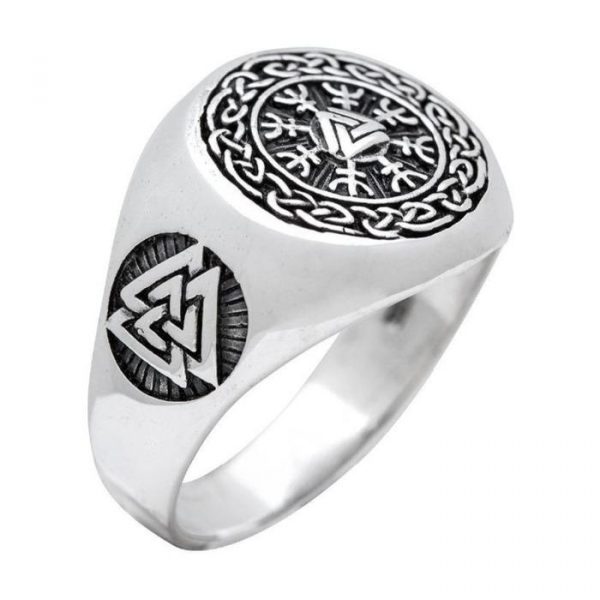 Bague Viking<br> Aegishjalmur et Valknut (Acier)